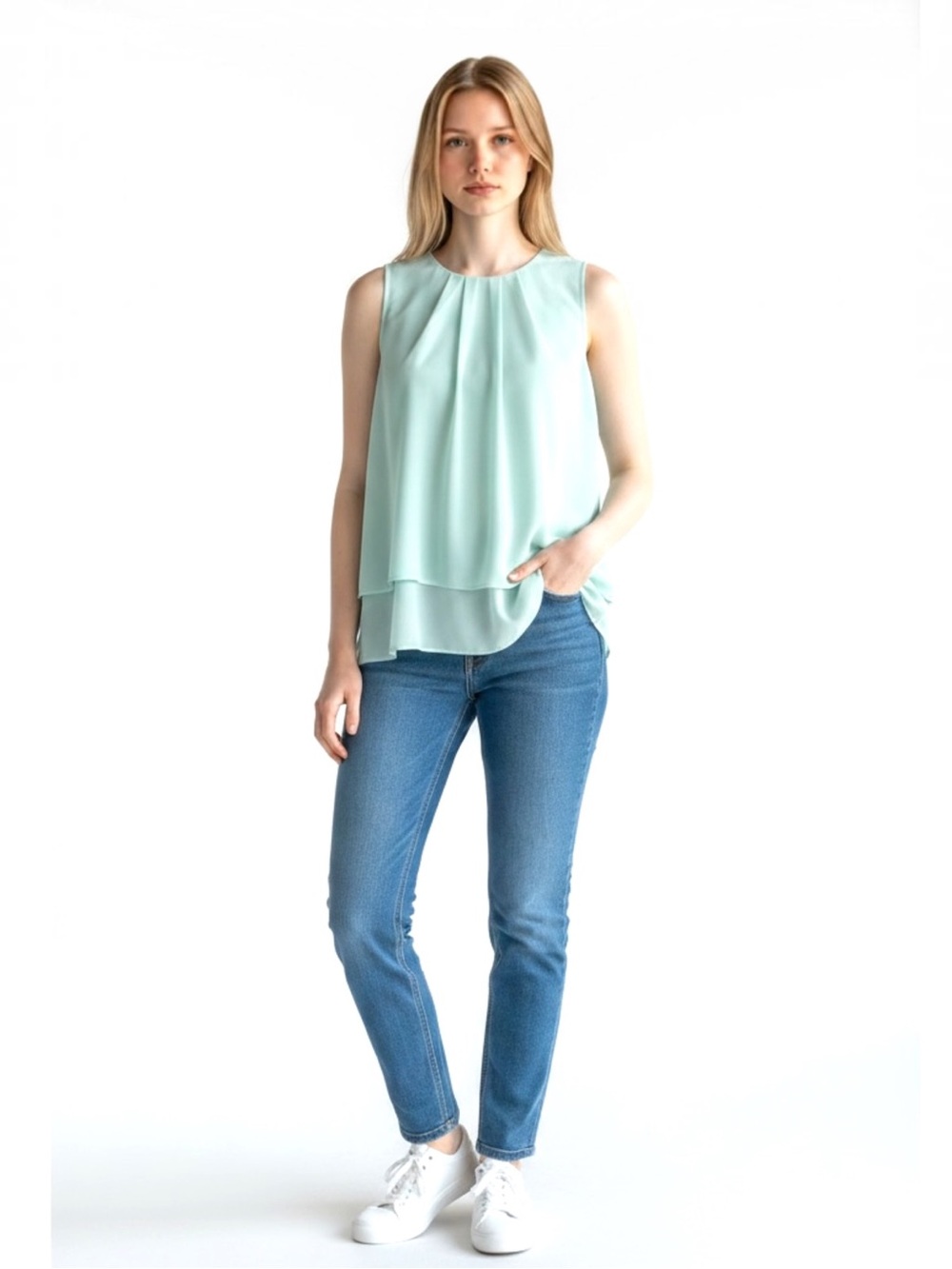 J.Crew Mint Green Sleeveless Tiered Pleated Blouse - Size 8